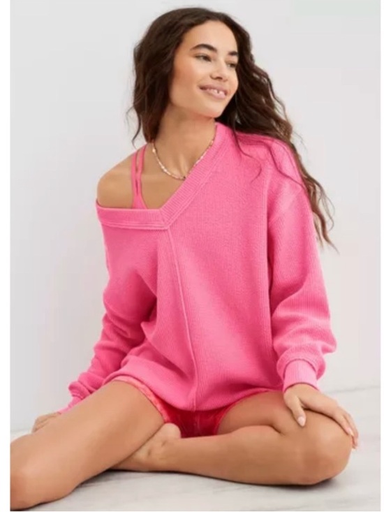 aerie Tops - Aerie Wonder Oversized Textured Knit V-Neck Slouchy Sweatshirt Lounge Pink XL